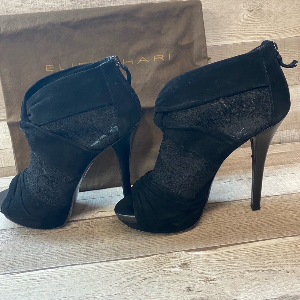Ellie Tahiti black suede and lace stiletto peep toe